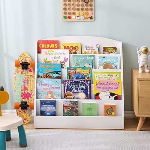 TOETOL 5-Tier Kids Bookshelf - Toddler Book Display Shelves for Classrooms, Playrooms, and Nursery - Wooden Children Book Rack (White)