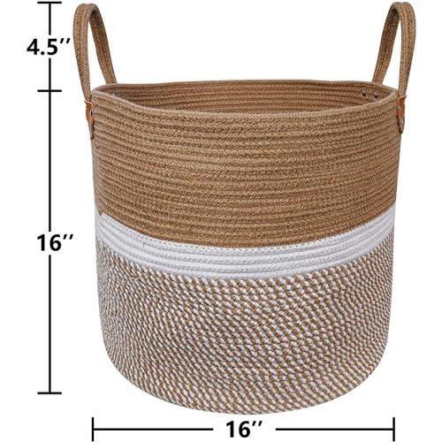 CHICVITA Extra Large Jute Basket Woven Storage Basket with Handles – Laundry Basket Toy Towels Blanket Basket Home Decor Gift, 16" x 16", White - White-l