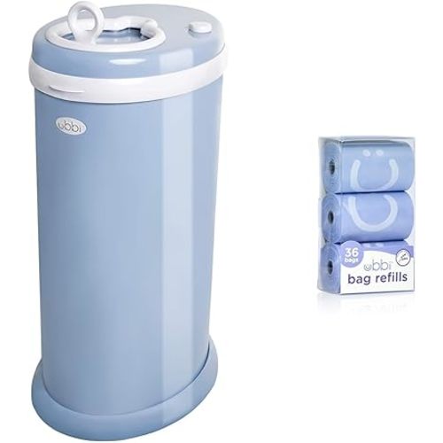 Ubbi Steel Odor Locking, No Special Bag Required, Money Saving, Modern Design, Registry Must-Have Diaper Pail, Cloudy Blue & On-The-Go Refill Bags, Lavender Scented, Value Pack of 36