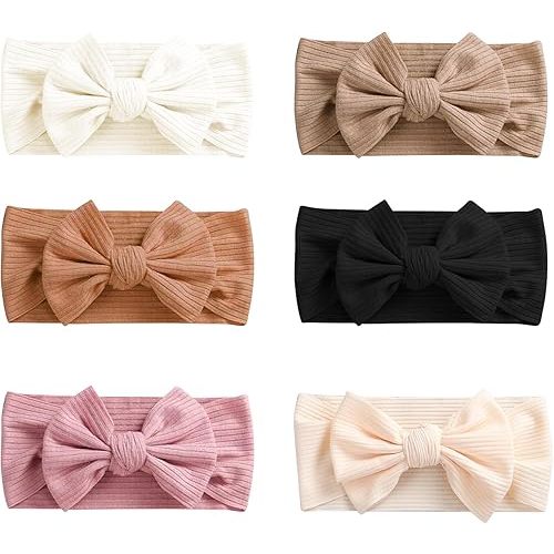 RJUP Baby Headbands - 6 Pack Soft Stretchy Hairbands with Bows for Baby Girls, Newborn to Toddler, Comfortable & Adjustable Baby Girl Bows, Perfect for Infants, Toddlers, and Newborns