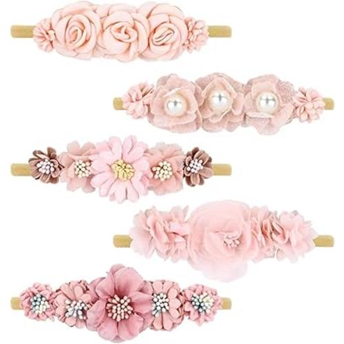 Cinaci 5 Pack Delicate Floral Flower Nylon Headbands Hair Bands Accessories for Baby Girls Newborns Infants Toddlers Kids (5 Pack S10)