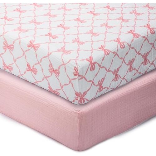 LollyBanks Muslin Crib Sheets 2 Pack, Soft and Breathable 100% Cotton Crib Fitted Sheets for Girls, Cozy and Snug Baby Sheet for Standard 52"x28" Mattress, Registry (Pink Bow and Solid Pink)