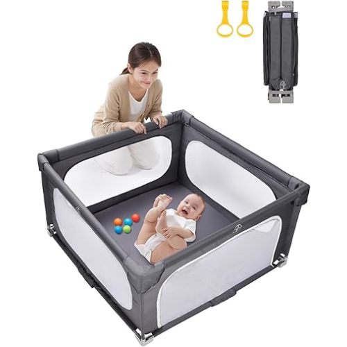 Foldable Baby Playpen, 50×50 Inch Play Pens for Babies and Toddlers, Indoor & Outdoor Portable Kids Safety Fence with Gate, Easy Setup Play Yard with 360° Visible Mesh and Carrying Bag, Grey