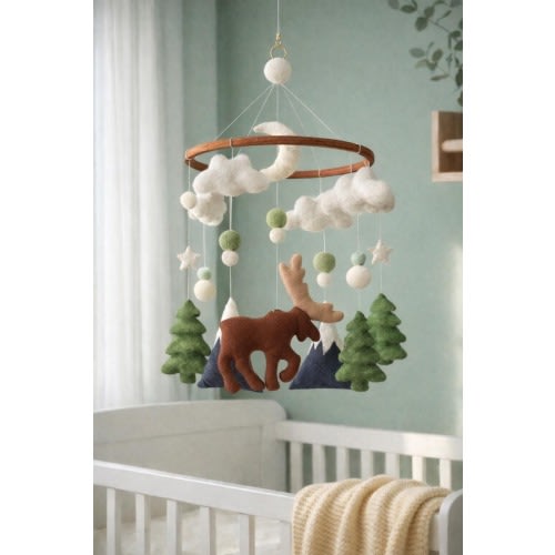 Woodland Moose Baby Mobile: Felt Nursery Crib Decor, Personalized Gift
