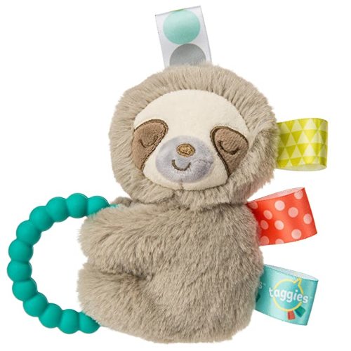Taggies Sensory Stuffed Animal Soft Rattle with Teether Ring, Molasses Sloth - Baby Rattle