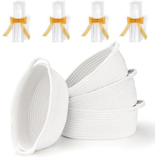 4 Pack Small Woven Basket with Handles, All 12"x 8"x 5", Cotton Rope Room Shelf Storage Basket, Cat Toys, Cute Baby Gift Basket with Gift Bags and Ribbons for Nursery, Empty Decorative Gift Chest Box