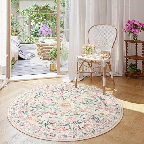 6ft Pink Floral Round Wonnitar Washable Rug