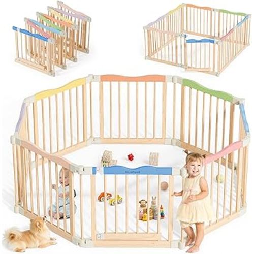 Foldable Wooden Playpen - Adjustable Wood Baby Play Yard with Child-Proof Lock, Indoor Large Safety Fence for Babies and Toddlers - Easy Assembly, 55 x 55 x 24 inches, Colorful Sweet Candy