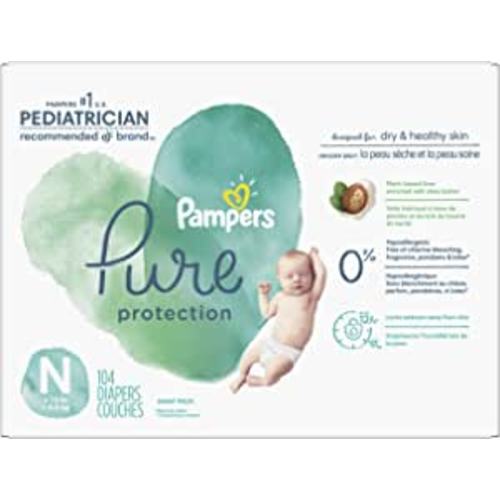 Pampers Diapers Size Newborn (<10 lb) - Pure Protection Hypoallergenic Disposable Baby Diapers for Sensitive Skin, Fragrance Free, 104 Count, Super Economy Pack - Size 0