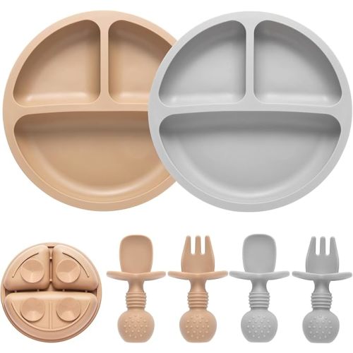 Silicone Feeding Set, 2 Pack Divided Toddler Plates with Suction, 2 Pack Utensils - Spoons & Forks, BPA Free, Baby Led Weaning Supplies