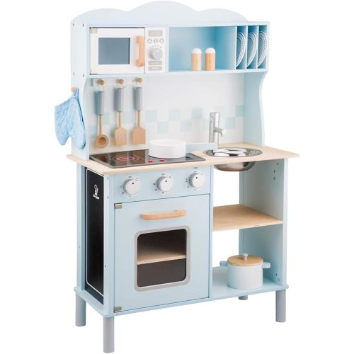 New Classic Toys Blue Wooden Pretend Play Toy Kitchen for Kids with Role Play Bon Appetit Electric Cooking Included Accesoires Makes Sound