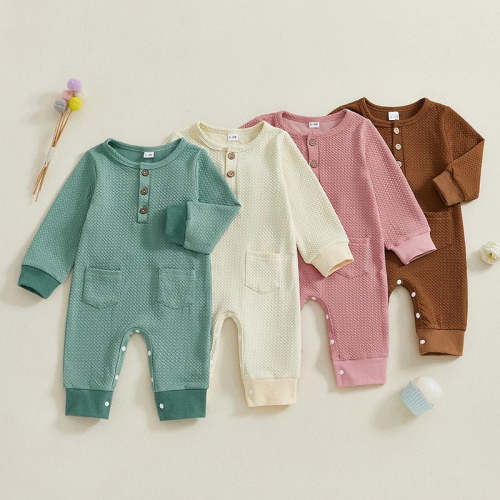 Baby Girls Boys Romper Solid Color Buttons Pockets O-Neck Long Sleeve – August + Willow