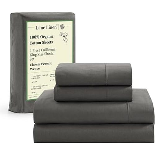 LANE LINEN 100% Organic Cotton California King Sheets Set, Fully Elasticized Reinforsed Seams in Fitted Pocket, Machine Washable All Season Cal King Sheet Deep Pocket Bedding-Charcoal