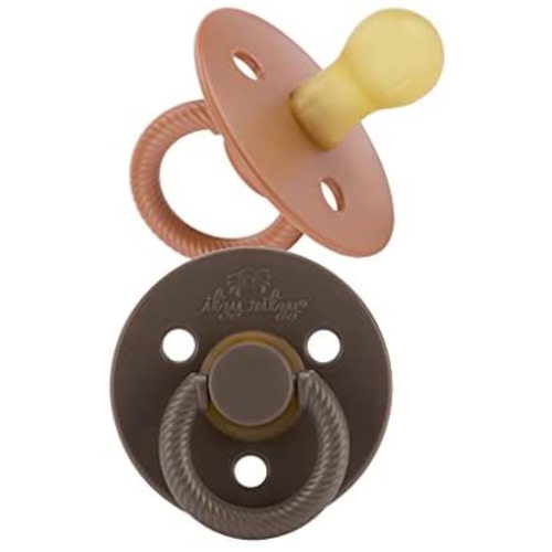 Itzy Ritzy Natural Rubber Pacifiers, Set of 2 – Natural Rubber Newborn Pacifiers with Cherry-Shaped Nipple & Large Air Holes for Added Safety; Set of 2 in Chocolate & Caramel, Ages 0 – 6 Months
