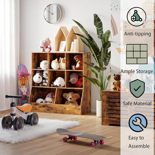 DINZI LVJ Toy Storage Organizer, Kids Bookshelf, Wood Toy Storage Cabinet, 8 Cubby Children Bookcase, Toddler Book Toy Shelf for Playroom, Bedroom, Nursery, Hallway, School, 35.4" Long, Rustic Brown