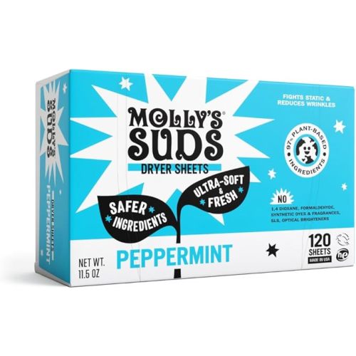 Molly's Suds Fabric Softener Dryer Sheets for Sensitive Skin | Plant-Based Static Reducer, Plastic-Free Packaging | Peppermint (120 Sheets)