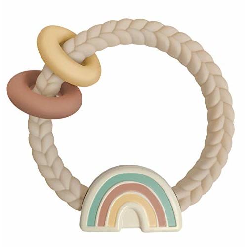 Itzy Ritzy Silicone Teether with Rattle; Features Rattle Sound, Two Silicone Rings and Raised Texture to Soothe Gums; Ages 3 Months and Up; Neutral Rainbow