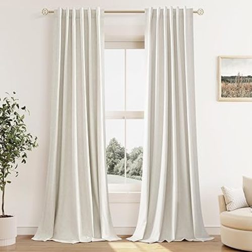 Guken Cream Linen Blackout Curtains 40 Inch Wide by 96 Inch for Living Room Bedroom Back Tab Thermal Insulated 100% Black Out Linen Drapes Room Darkening Window Curtains Ivory Natural