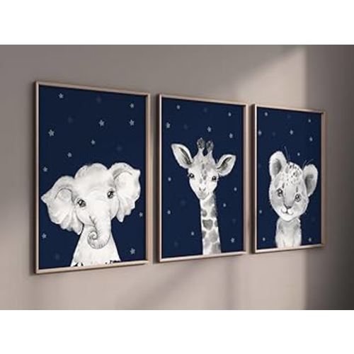NATVVA 3 Pieces Wall Art Prints Navy Blue Elephant And Giraffe Animal Poster Pictures Woodland Animal Canvas Wall Painting for Nursery Home Baby Room Decoration with Inner Frame