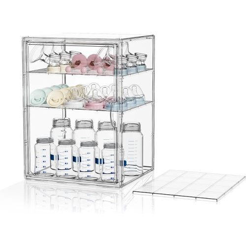 MSHOMEY Baby Bottle Storage Organizer, XXX-Large | 4 Tiers, Clear Plastic, 3 Adjustable Dividers, For Countertop Cabinet, Holds Rings, Nipples, Pump Parts