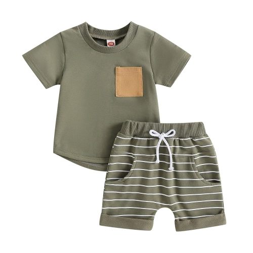 fhutpw Baby Toddler Boy Clothes Summer Outfits 6 12 18 24 Months Patchwork Short Sleeve T Shirt & Shorts Sets with Pockets