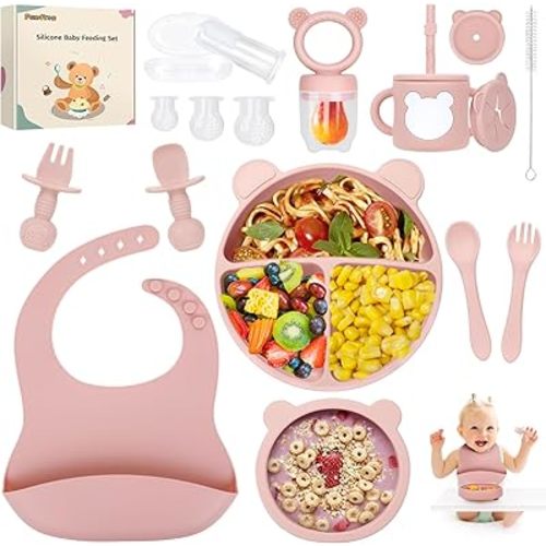 PERRYHOME Silicone Baby Feeding Set, 17pcs Baby Led Weaning Feeding Supplies for Toddlers, Kids Suction Silicone Plates and Bowls Set for Baby Gift (Pink)