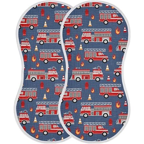 Muslin Burp Cloths for Baby Boys and Girls - 2-Pack Ultra Absorbent Fire Trucks Muslin Washcloths, Newborn Towel, Milk Spit Up Rags, Burp Cloth Bibs for Unisex, 22 x 11 Inch