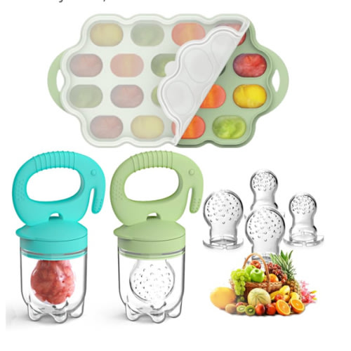Silicone Baby Food Teether Feeder with Breastmilk Popsicle Molds Combo, BPA Free Fruit Food Feeder Pacifier, Teething Popsicle for Baby 4m+, 3 Sizes Food Pouches Included
