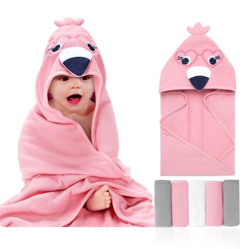 BULLPIANO Unisex Baby Hooded Towel with 5 Washcloths Soft Absorbent Bath Towel Set for Infant Boys Girls, Pink Flamingo