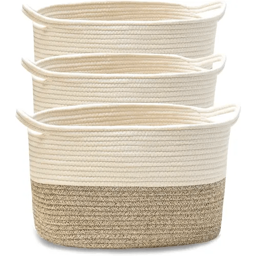 Square Cotton Rope Small Baskets With Handles for Toys, Household, Nursery, Handcrafted Woven Gift Baskets for Storage and Organization,13.5x11x9.5inch (3pack-champagne)