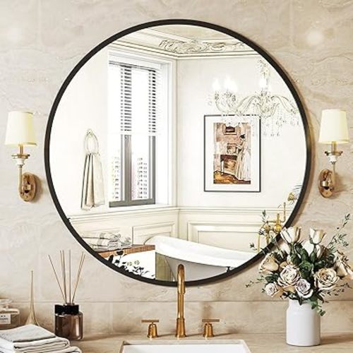 Sweetcrispy Black Round Wall Mirror 24 Inch, Bathroom Mirrors for Over Sink, Circle Mirror for Bathroom, Entryway, Bedroom, Vanity