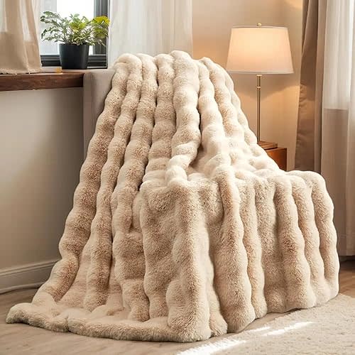 H&D Faux Fur Throw Blanket for Couch,Fluffy Cozy Soft Plush Luxury Thick Fuzzy Fleece Blanket for Couch Bed Sofa Bedroom Living Room,Comfy Bubble Blanket (Camel, Twin (60"x80"))