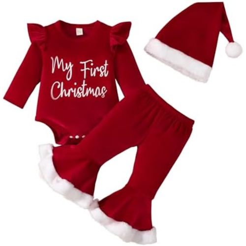 My First Christmas Newborn Baby Girl Long Sleeve Romper Christmas Hat Bell Bottoms Outfit