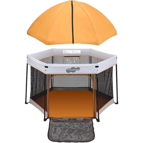 Pamo Babe Pop UP Playpen with Sun Protection Canopy - Play Yard for Babies - Baby Tent with Zipper Gate, Orange