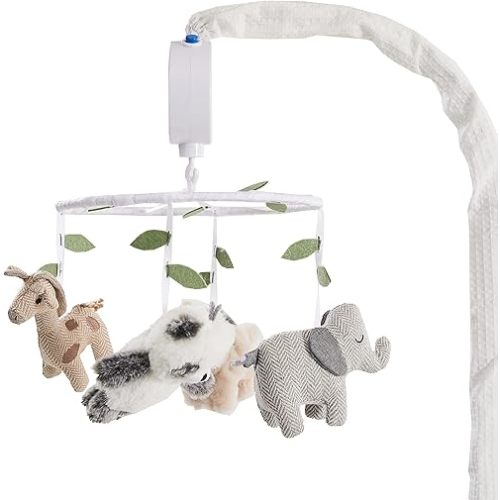 Levtex Baby - Mozambique Musical Rotating Baby Crib Mobile - Plush Giraffe, Panda, Lion and Elephant - Grey, Taupe, Cream, Whie and Green - Nursery Accessories