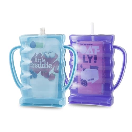 PandaEar 2 Pack Squeeze Proof Food Pouch Holder for Toddlers, Baby Pouch Holder with Handle for Food Pouches and Drink Juice Boxes, Blue/Purple