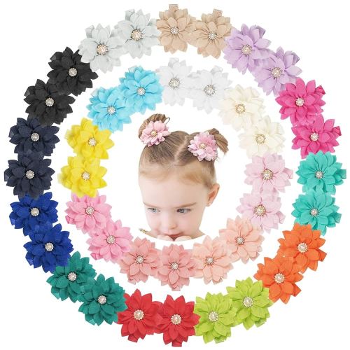 DeD 40PCS 2.3" Chiffon Flower Hair Bows Clips with Rhinestone Flower Tiny Hair Clips Fine Hair for Girls Infants Toddlers Set of 20 Pairs