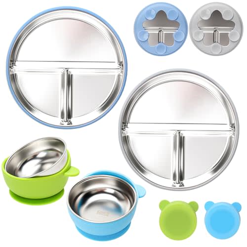 MISSLILI Stainless Steel Baby Plate and Bowls with Suction, Divided Kids Baby Plate and Toddler Bowl with Removable Silicone Suction, Non-Slip Baby Feeding Set Dishwasher Safe,4 Packs
