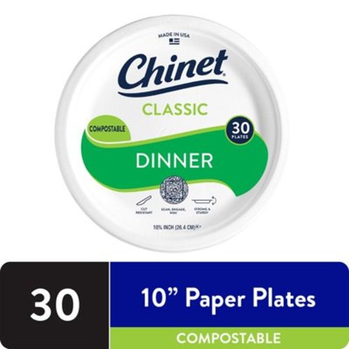 Chinet Classic® Premium Dinner Paper Plates, White, 10 3/8”, 30 Count