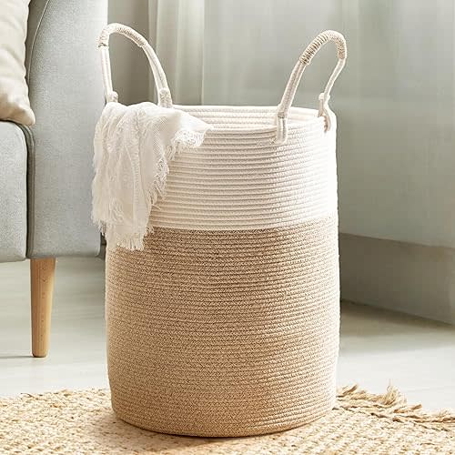 Laundry Basket – Laundry Hamper for Clothes, Blankets, Yoga Mat – Woven Cotton Rope Basket for Living Room, Nursery Room – Boho Style –15”D x 18”H – White & Beige Brown