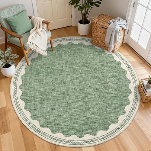 Scalloped Sage Green 4ft Round Rug Washable Non-Slip Soft Ultra-Thin Small Circle Modern Cottage Core Solid Carpet for Entryway Kitchen Bedroom Nursery Dining Room