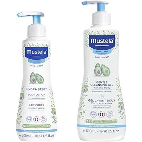 Mustela Baby Bath Time Gift Set - Baby Skin Care Essentials with Natural Avocado - Contains Hydra Bebe Body Lotion 10.14 fl. oz. & Gentle Cleansing Gel 16.9 fl. oz. - 2 Items Set