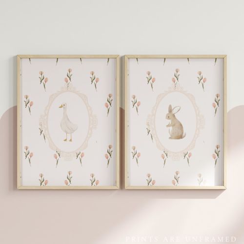 Bunny Nursery Print Set, Duck Nursery Print, Woodland Nursery, Girls Nursery Decor, Vintage Nursery Decor, Cottage Core Nursery, Classic