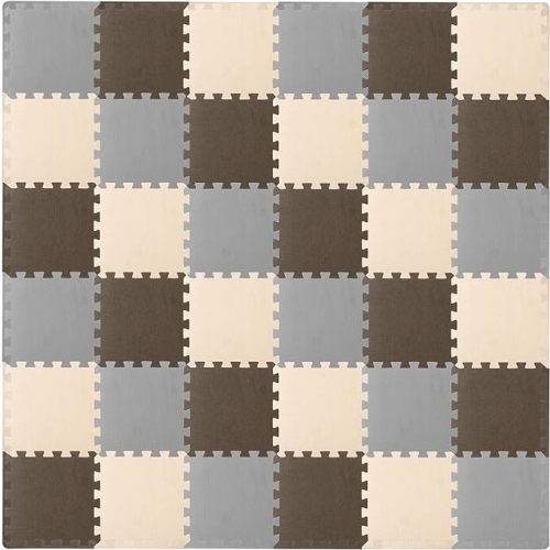 Foam Puzzle Floor Play Mat for Kids and Babies with Solid Colors, 36 or 16 Interlocking Tiles with Borders, White/Grey/Beige