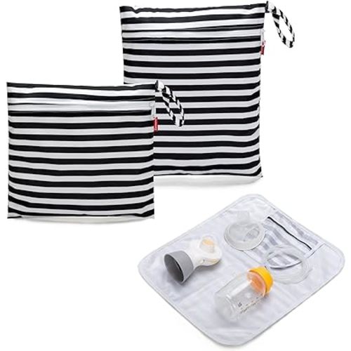 Damero Breast Pump Parts Bag, 2Pack Wet Bag for Breast Pump Parts Storage with Waterproof Mat, Black Strips