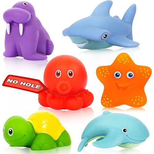 Mold Free Baby Bath Toys for Kids Ages 1-3,No Hole Ocean Animal Bathtub Toys for Infant 6-12-18 Months, Tub Toys Toddlers 2-4 Year Old Boys Girls(6 Pcs with Storage Bag)