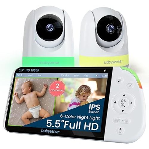 Babysense Full HD 5.5" Split Screen Baby Monitor with 2 Cameras, 6-Color Night Light, White Noise, Sound & Light Machine, 20-Hour Battery, Hack-Proof Non-WiFi Secure Connection