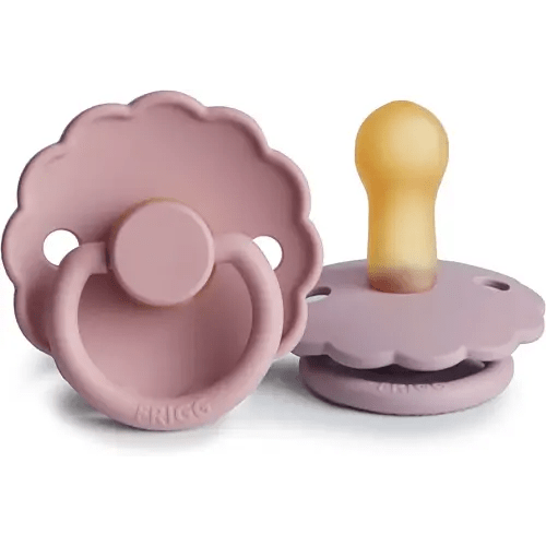 FRIGG Daisy Natural Rubber Baby Pacifier | Made in Denmark | BPA-Free (Baby Pink/Soft Lilac, 6-18 Months) 2-Pack