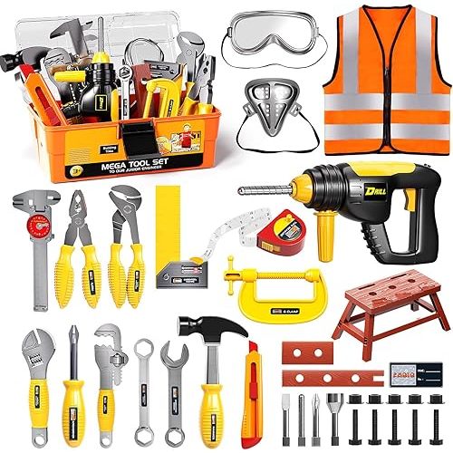 Deejoy Tool Set with Tool Box & Electronic Toy Drill, Pretend Play Kids Construction Kits for Kids Ages 3-5 Years Old, Toddler Boy Toys(Orange)