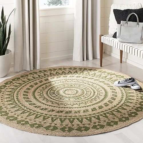 SAFAVIEH Natural Fiber Round Collection 3' Round Green NF802G Handmade Boho Mandala Braided Jute Area Rug